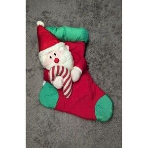 VTG Christmas Stocking Santa w/Candy Cane Plush Puffy Nylon Parachute Green Red